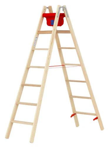 Hymer Holz Stufenstehleiter 7 Stufen - Doppelstufenleiter aus Holz mit einer Arbeitshöhe von 2,90 m. Faltbar und inklusive Tasche & Eimerhaken, ideal für Malerarbeiten.