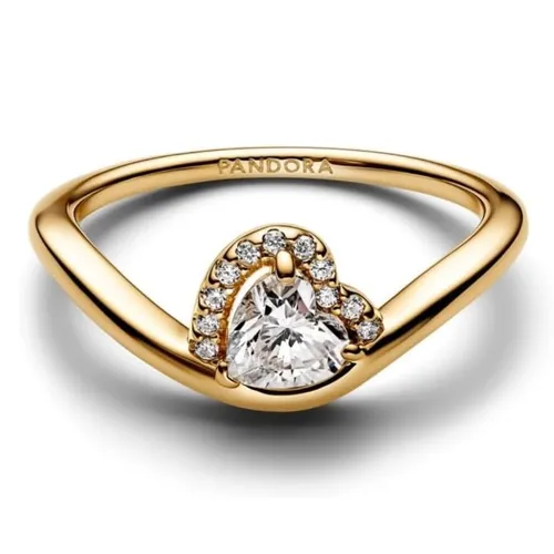 PANDORA Timeless Welliges Herz Ring aus Sterling Silber - Eleganter Damenring aus Sterling Silber, mit 14k vergoldeter Metalllegierung und funkelndem Zirkonia im Herzschliff – das perfekte Accessoire für deinen goldfarbenen Schmuck.