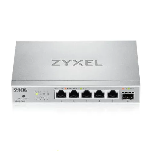 ZYXEL XMG-105 Netzwerk-Switch 5 Port 2.5G Ethernet + 10G SFP+ - Unverwalteter Netzwerk-Switch für hohe Geschwindigkeit mit 5 x 2,5G-Ports und 1 x 10G SFP+ Port. Ideal für Gaming und NAS, energieeffizient und plug-and-play.