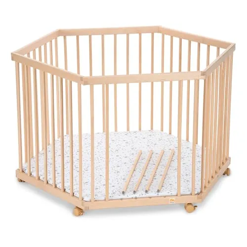 FabiMax Baby Laufgitter 6-eck, stufenlos höhenverstellbar, mit Schlupfsprossen, Laufstall aus massivem Buchenholz, klar lackiert (Ohne)