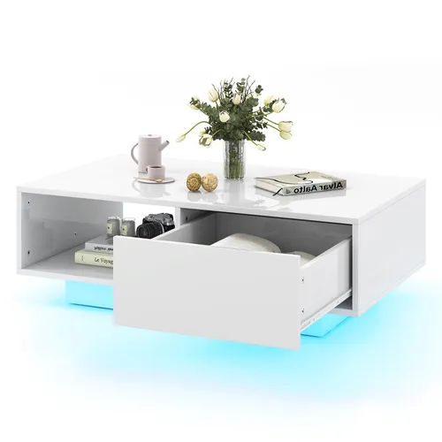 COSTWAY Couchtisch mit 20 Farben LED-Lichtern, 9 Licht-Helligkeit-Modus, Fernbedienung, Beistelltisch 95x55x31cm, weiß