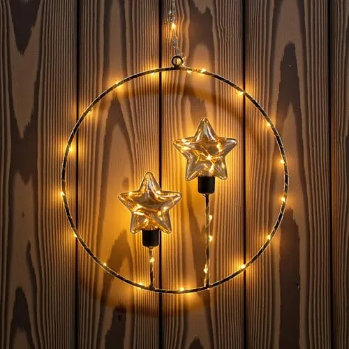 Metall Dekoring mit 42 LED in soft gold mit Timer - 28 cm - Weihnachtskranz zum Hängen mit 2 Leuchtsternen - Weihnachtsdeko Hänger Stimmungslicht Deko Beleuchtung für Weihnachten Advent Winter
