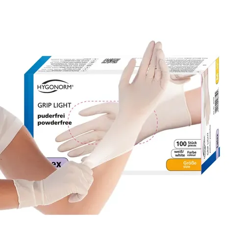 Hygonorm Latexhandschuh GRIP LIGHT weiß L puderfrei - Medizinische Untersuchungshandschuhe, hoher Tragekomfort und exzellente Griffigkeit