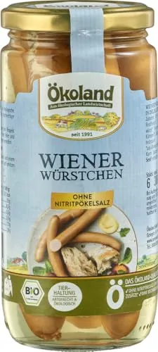 Ökoland Wiener Würstchen bio (6St) - Fertiggerichte mit hochwertigem Bio-Schweine- und Bio-Rindfleisch, verfeinert mit Buchenholzrauch für einen herzhaften Geschmack. Ideal zum Salat, im Brötchen oder in Suppen.