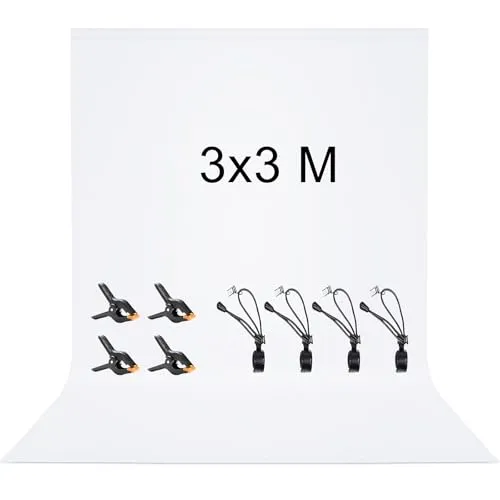 Vevelux Fotografie-Hintergrund 3 * 3 M, Foto Hintergrund aus 100% Polyester mit 4 große Studio Klemmen & 4 Tarp Clip, Weiß Screen für Fotostudio, Video und Fernsehen