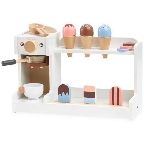 mamabrum Holz-Eiscafé Spielset - Motorikspielzeug aus nachhaltigem Holz, fördert Kreativität und Feinmotorik durch fantasievolles Rollenspiel mit 15 Teilen, ideal für Kinder ab 3 Jahren.