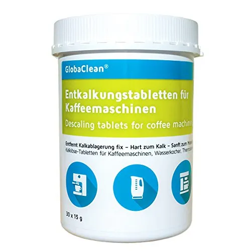 GlobaClean® Entkalkungstabletten für Kaffeevollautomat, Kaffeemaschine, Wasserkocher 30 Entkalker-Tabs kompatibel mit Siemens Jura Bosch Tassimo Miele uvm.