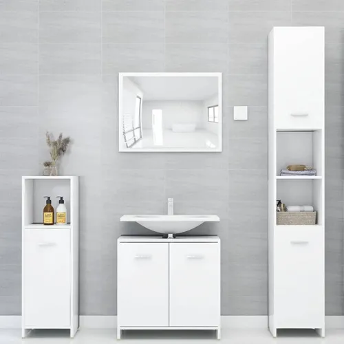 vidaXL 4-tlg. Badmöbel-Set Weiß Holzwerkstoff - Badezimmerschränke mit 4 Teilen: Hochwertige Möbel für stilvollen Stauraum, inkl. Spiegel und langlebigem Design, ideal für ein aufgeräumtes Badezimmer.