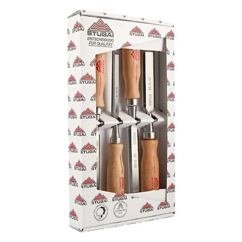 Stubai Stemmeisensatz Stemmeisensatz mit Holzheft aus Rotbuche 4-tlg. 12/16/20/24mm | Extra lange Klingen aus Werkzeugstahl | Präzise geschliffen, langlebig, robust, Profiqualität für Holzbearbeitung