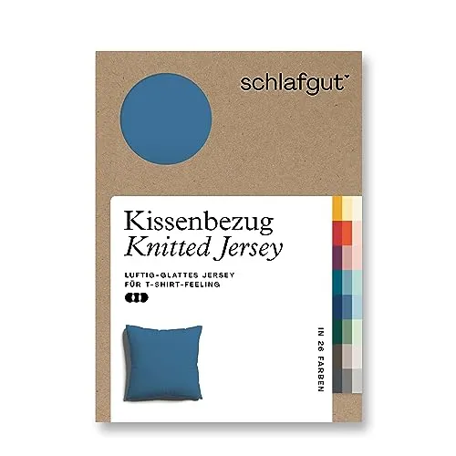 schlafgut Knitted Jersey Kissenbezug 40x40 cm Blue Mid Uni weicher Premium Kopfkissenbezug einzeln, faltenfrei mit Elasthan