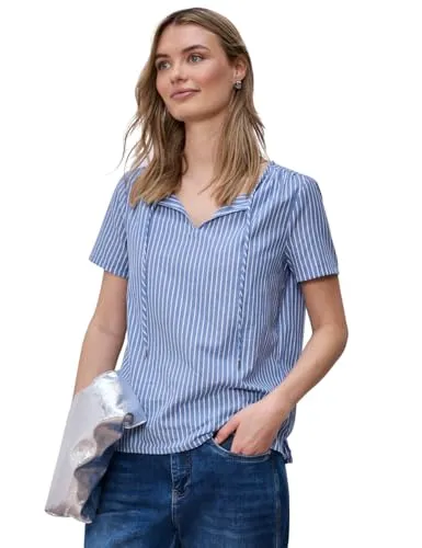 Damen Kurzarm Bluse mit Split Neck und Streifen