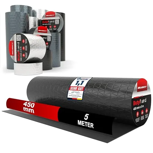 Wasserdichtes Klebeband Butylband I 45cm*5m Schwarz hochwertig selbstklebend mit Aluminiumfolie I Butyl-Tape alterungsbeständig korrosionsbeständig UV-beständig