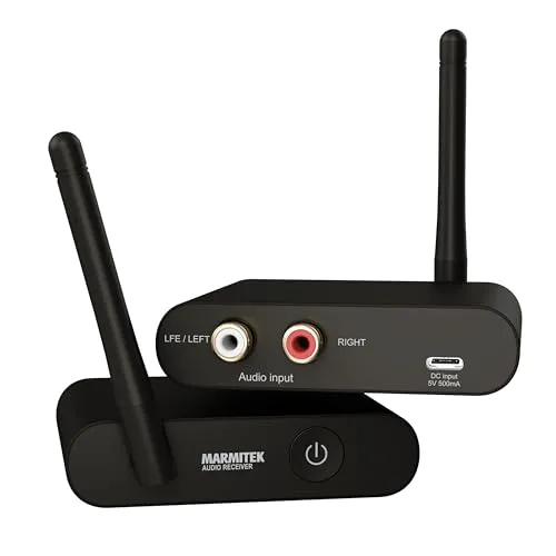Marmitek Subwoofer Anywhere 640 - Drahtlose Subwoofer-Übertragung - Subwoofer Funkübertragung - Genießen Sie störungsfreie, kabellose Tonübertragung dank RF-Technologie. Ideal für Heimkino-Systeme, einfaches Plug & Play mit 3,5mm Klinkenanschluss.