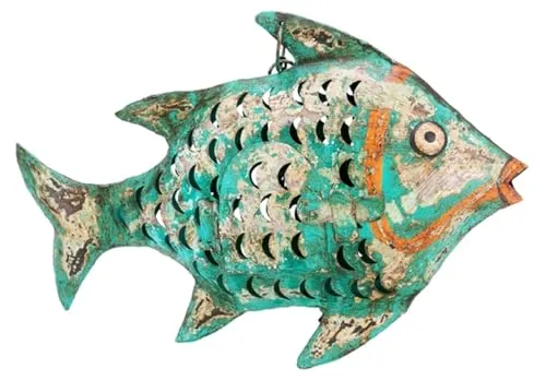 ETC dekorative ausgefallene Metallfigur als Fisch in Shabby grün oder Shabby rot oder Shabby bunt als Windlicht zum Stellen und hängen in verschiedenen Größen (grün)