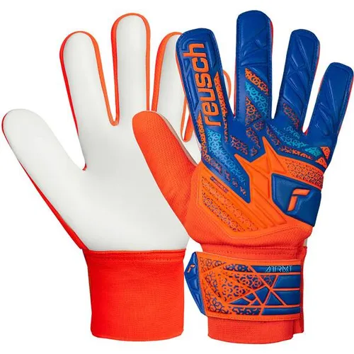 Reusch Torwarthandschuhe Attrakt Starter Solid Junior 7 - Torwarthandschuhe mit Negative Cut für optimale Ballkontrolle, ideal für junge Keeper. Farbe: blau/orange, Größe: 7.