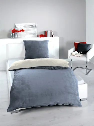 Bettwäsche Winter Flausch Cashmere Touch Uni Wende warm 2 teilig 135x200 mit RV Farbe Anthrazit / Creme