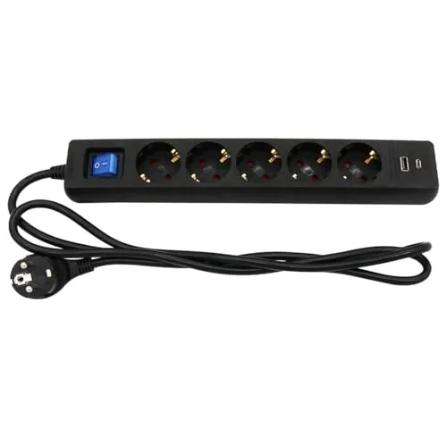ARLI 5m Steckdosenleiste 5 Fach schwarz mit USB Ladebuchsen USB-A USB-C Schalter Mehrfachstecker Kinderschutz Überspannschutz flachem Winkelstecker Schutzkontakte 5-Fach Mehrfachsteckdose Steckdose