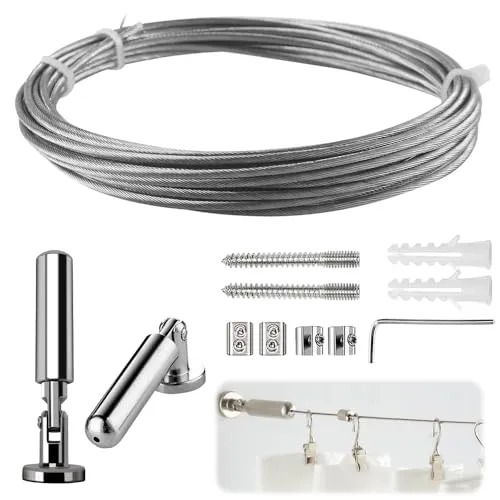 mizikuu 5M Edelstahl Vorhang Seil - Robuste Wandhalterung für stilvolle Innendekoration - Zubehörset für Gardinen, rostfreies und langlebiges Edelstahlmaterial mit starker Tragkraft für schwere Vorhänge und kreative Aufhängungen.