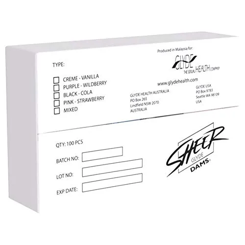 Sheer Glyde Dams MIX - 100 Latex-Schutztücher - 4 x 25 Lecktücher (Cola, Strawberry, Vanilla, Wildberry)