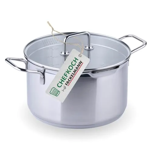 Fackelmann Kochtopf Nürnberg mit Glasdeckel, Ø24cm - Edelstahl-Gemüsetopf mit energiesparendem Kapselboden, integrierter Literskala und Abgießfunktion im Deckel, ideal für präzises Kochen, spülmaschinengeeignet und für alle Herdarten inklusive Induktion.
