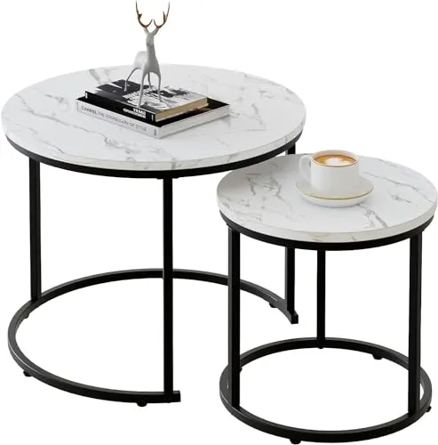 Couchtisch Rund, Satztisch 2er Set, Wohnzimmertisch, Couchtisch aus Holz, Beistelltisch Set, Sofatisch für Wohnzimmer, Schlafzimmer, Büro, Schwarz Metallgestell und Tischplatte in weißer Marmoroptik