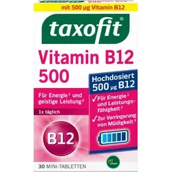 Taxofit Vitamin B12 500 Minitabletten 30 ST - Nahrungsergänzungsmittel mit 500 μg Vitamin B12 für den täglichen Bedarf, zuckerfrei, laktosefrei, glutenfrei und vegan – ideal für eine gesunde Ernährung.