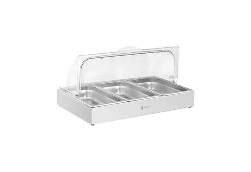 Royal Catering Buffet-Vitrine 3 x 2,6 L - Elegante Servierplatte aus Edelstahl und Polycarbonat mit Rolltop-Haube für stilvolle Speisenpräsentation und luftdichte Aufbewahrung, ideal für Buffets und Catering.