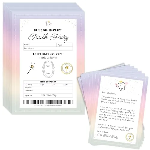 Zahnfee Brief & Quittung Set - 20 Stück A6 doppelseitige Karten - Personalisierte Zahnfee-Notizen für Kinder - Offizielle Quittung & Brief von der Fee - Lustiges, magisches Erinnerungsdenken | Bunt