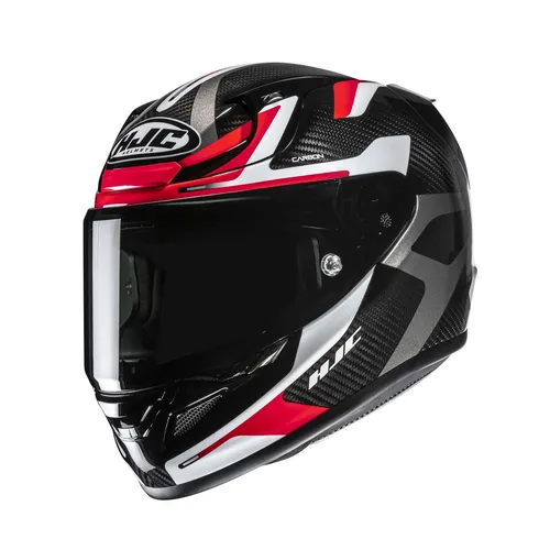 HJC RPHA 12 Carbon Xentra - Motorradhelm in Schwarz-Weiß-Rot, Größe L - Hochwertiger Integralhelm mit leichtem Kohlefaser-Material, ergonomischem Innenfutter und kratzfestem Visier für optimalen Tragekomfort und Sicherheit beim Fahren.