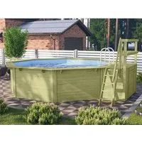 Karibu Pool Modell 2 Set mit Filteranlage und Sonnenterrasse - Massivholzpool mit witterungsbeständigen Blockbohlen, ideal für Gartenfreuden. Inkl. blauer Poolfolie mit innovativer Einhängebiese für einfaches Handling und optimalen Sitz.