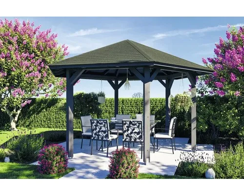 Pavillon SKAN HOLZ Nancy Ø 480 cm - Schiefergrau - Pavillon aus hochwertigem Holz, ideal für Gartenpartys und entspannte Stunden im Freien. Mit seinem eleganten 6-eckigen Design ist er ein echter Blickfang!
