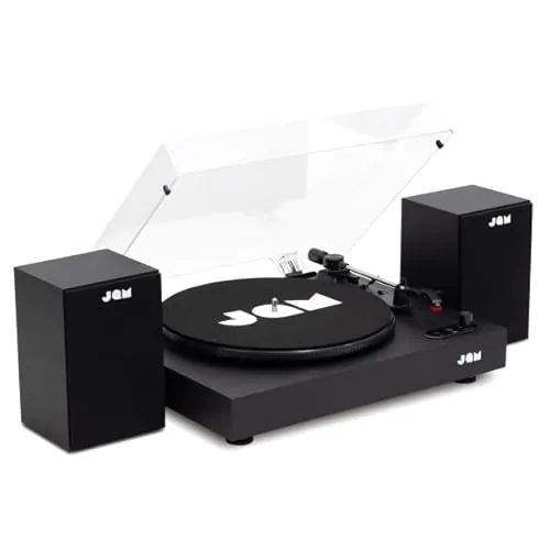 JAM Plattenspieler mit Lautsprechern – Bluetooth-Schallplattenspieler mit Regal-Lautsprechern, 3-Speed Vinyl-Player mit Staubschutz, vorjustiertem Tonarm, Vinyl-Reiniger inklusive, Schwarz