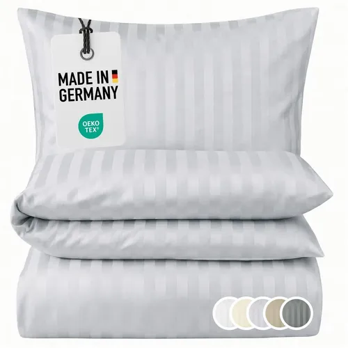 Damast Bettwäsche 135x200 Silber gestreift - Edle Bettwäsche aus 100% Baumwolle mit klassischem Streifenmuster, ideal für ein gehobenes Schlafzimmer und bis 60 Grad waschbar. Inhalt: 1 Deckenbezug + 1 Kissenbezug 80x80 cm.