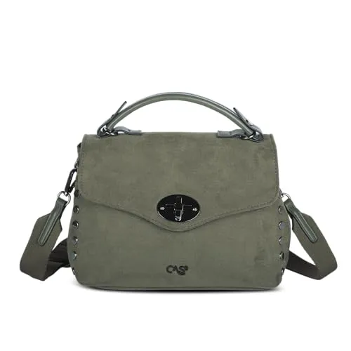 Cas8 Handtasche RIKE 35200, weiches veganes Suede-Material, stilvolle Details, kleine Damentasche mit abnehmbarem Stoffgurt (OLIVE)