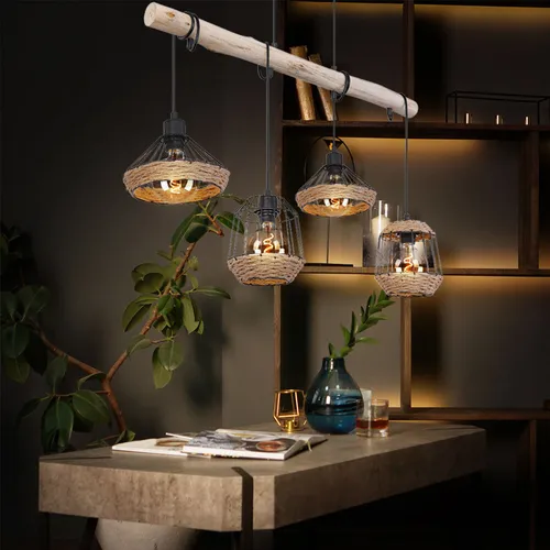 Hängeleuchte Holzbalken mit Hanfseil - Retro Esszimmerlampe 4 Flammig - Moderne Hängeleuchte aus Holz und Metall im Retro-Design, individuell anpassbare Höhe und Lichtfarbe dank 4x E27 Fassungen. Ideal für stilvolle Esszimmer.