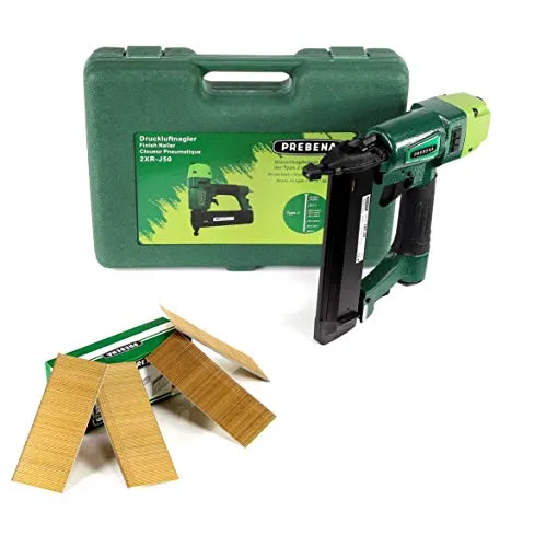 Prebena 2XR-J50 Druckluftnagler im Transportkoffer - Tacker für Stauchkopfnägel, inklusive 4000 verzinkte Stahlbrads 50 mm, ideal für präzises Arbeiten und hohe Effizienz bei Bau- und Renovierungsprojekten.