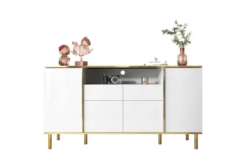 Hochglänzende Kommode in Weiß mit 2 Schubladen - Elegante Kommode mit glänzender Oberfläche und goldenen Akzenten, ideal für stilvolle Aufbewahrung im Schlafzimmer. Inklusive stimmungsvoller LED-Beleuchtung für eine einladende Atmosphäre.