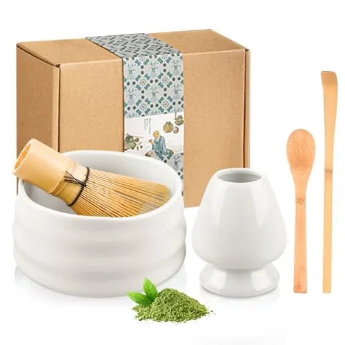 Matcha Set,5-Teiliges Matcha Tee Set,Matcha Besen Set,Keramik Matcha Kit mit Matcha Schüssel,Teeständer,Teebesen,Teelöffel,Tee Ziehen,Matcha-Schneebesen,Chinesisches Teeservice für Matcha Zeremonie
