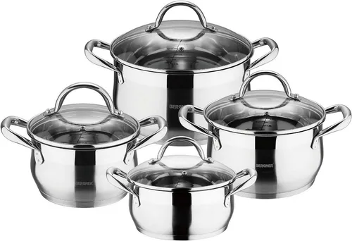 Bergner Topf-Set 8-Tlg. Kochgeschirr-Set Edelstahl - Hochwertiges 8-teiliges Kochtopfset aus Edelstahl, ideal für alle Herdarten. Mit hitzeresistenten Griffen und praktischen Glasdeckeln für optimale Garprozesskontrolle.