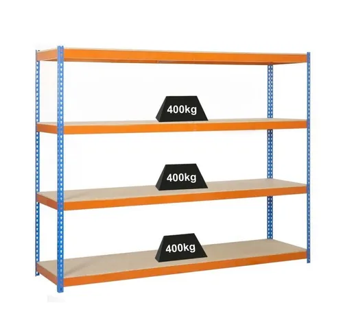 PROREGAL® Schwerlastregal Wood Yeti Four - 200x120x45cm, Blau-Orange - Schwerlastregal mit 4 verstellbaren Holzböden, 400kg Traglast pro Ebene. Ideal für Werkstätten und Lager, einfach zu montieren und extrem stabil.