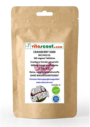 Cranberry Extrakt 5000mg – 360 Vegane Tabletten – Ohne Magnesiumstearat – Hochdosiert – Vegan