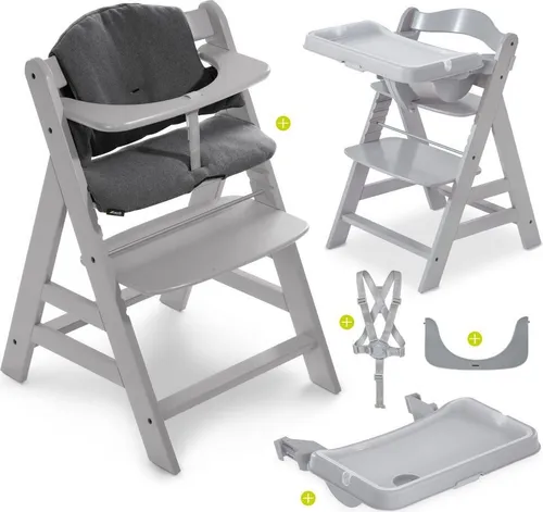 Hauck Hochstuhl Alpha Plus Grau im Sparset - Kinderhochstuhl mit 3-teiligem Sparset: Inkl. Alpha Tray Essbrett und 2-teiligem Baumwoll-Sitzkissen. Wächst mit Deinem Kind und bis 90 kg belastbar, ideal für nachhaltigen Einsatz.