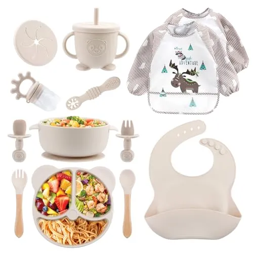 Feelhap Silikon Baby Geschirr Set,13er Set Kindergeschirr mit Saugnapf,Unterteilter Kinderteller mit Saugnapf,Kinder Schüssel Saugnapf,Silikon Baby Lätzchen,Trinklernbecher, Baby Löffel Gabeln(Beige)