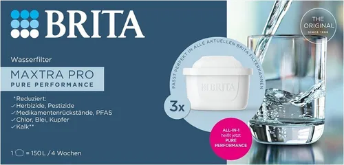 Brita Maxtra Pro Pure 3er 1050624 Wasserfilter - Wasserfilter-Kartuschen für frisch-gefiltertes Wasser, reduziert schädliche Stoffe und ersetzt bis zu 150 Plastikflaschen – umweltfreundlich und nachhaltig.
