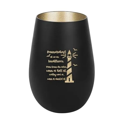 Der-Porzellan-Laden Windlicht mit Gravur Freundschaft ist wie EIN Leuchtturm, Schwarz Gold, Teelichthalter aus Glas mit Spruch, Tischdeko modern