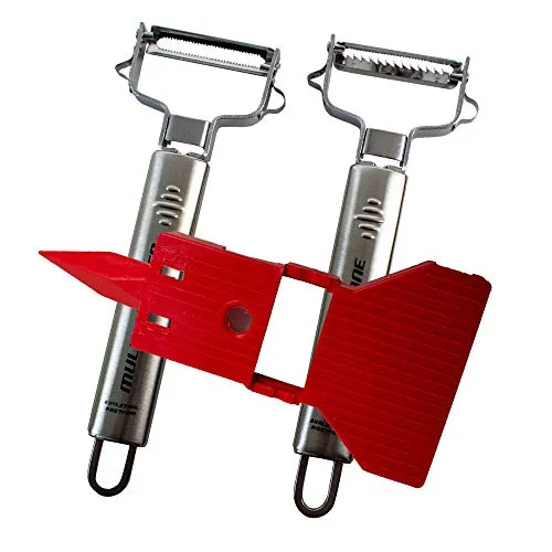 Muxel Spar-Schäler und Julienne Schneider Set - Multischäler aus Edelstahl mit besonders scharfer gezackter Klinge, ideal für Zoodles und hauchdünne Scheiben. Inklusive praktischem Hobelbrett für vielseitige Anwendungen.