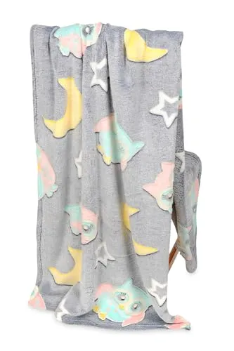 FEBE Kuscheldecke Kinder Leuchtend im Dunkeln Eule 150x200 Flauschige Weiche Kinderdecke Kinderbettdecke Mädchen Jungen Glow Blanket