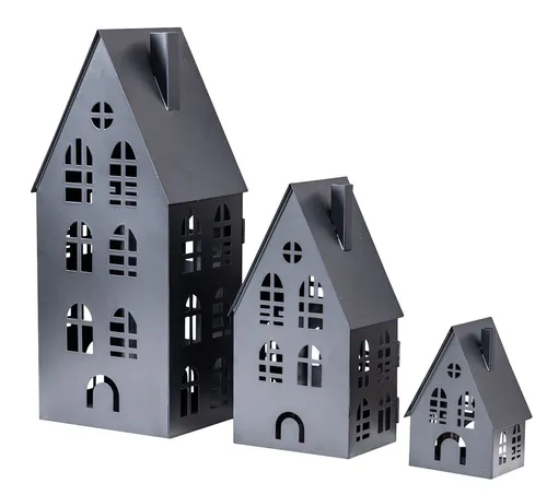 Levandeo® Kerzenlaterne, 3er Set Laterne Haus H13-37cm Metall Schwarz Deko Windlicht