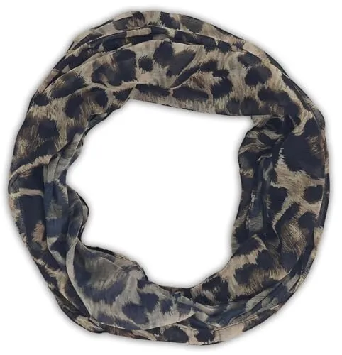 styleBREAKER Damen Loop Schlauchschal mit Leoparden Muster | Leichter Sommerschal aus Viskose | Halstuch für Frühling und Sommer - Weich und Luftig, Farbe:Braun-Schwarz