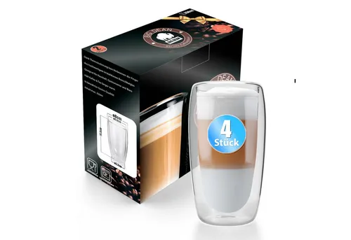 BigDean 4 Stück hohe doppelwandige Latte Macchiato Gläser 350 ml - Kaffee- & Teegläser mit exzellenter Wärmeisolierung, ideal für Latte Macchiato und andere Heißgetränke. Perfekt verpackt in einer eleganten Geschenkbox für Genussmomente.